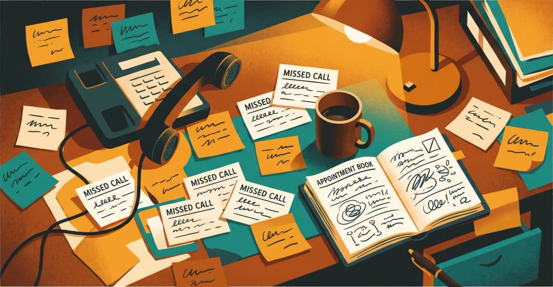 Overwhelmed business owner at desk — editorial illustration