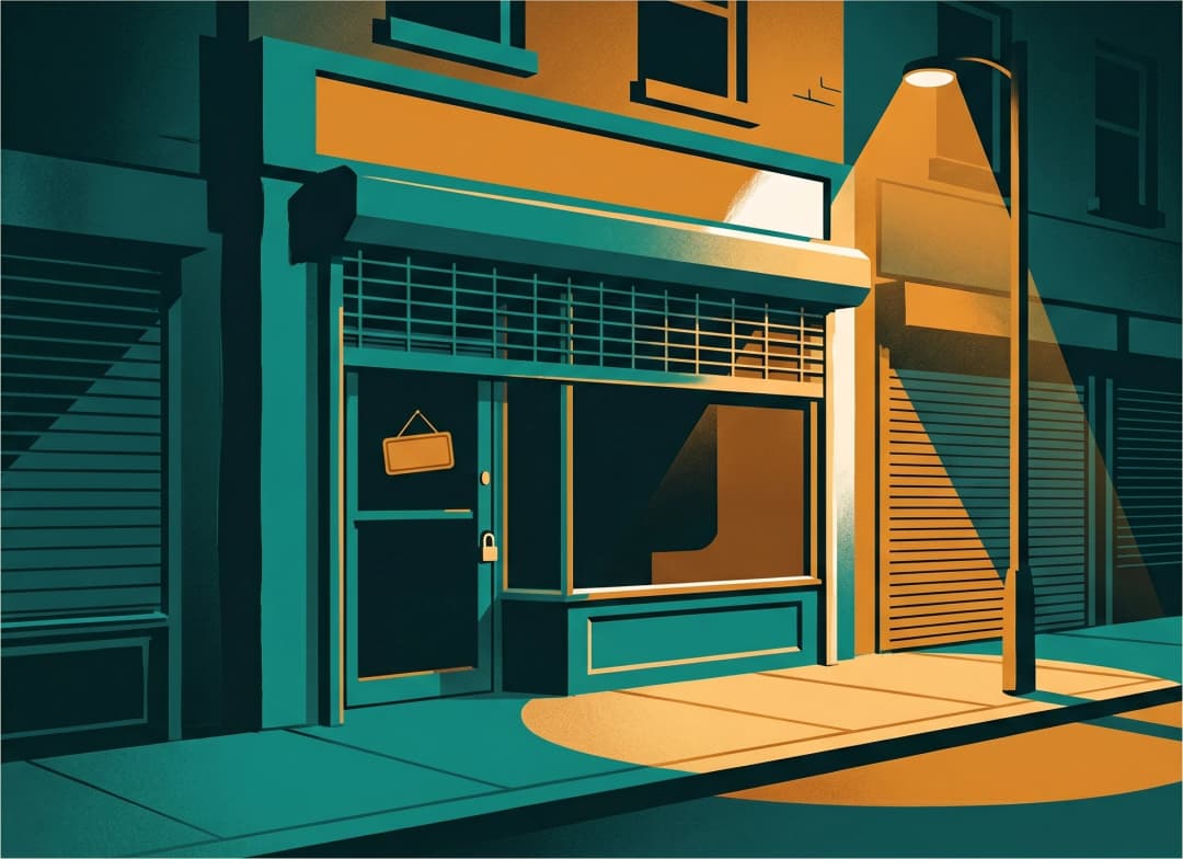 Closed storefront at night — editorial illustration