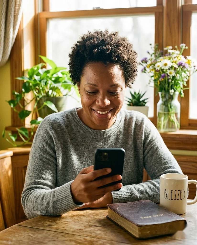 A church member smiling as she reads a heartfelt birthday text from her pastor on her phone