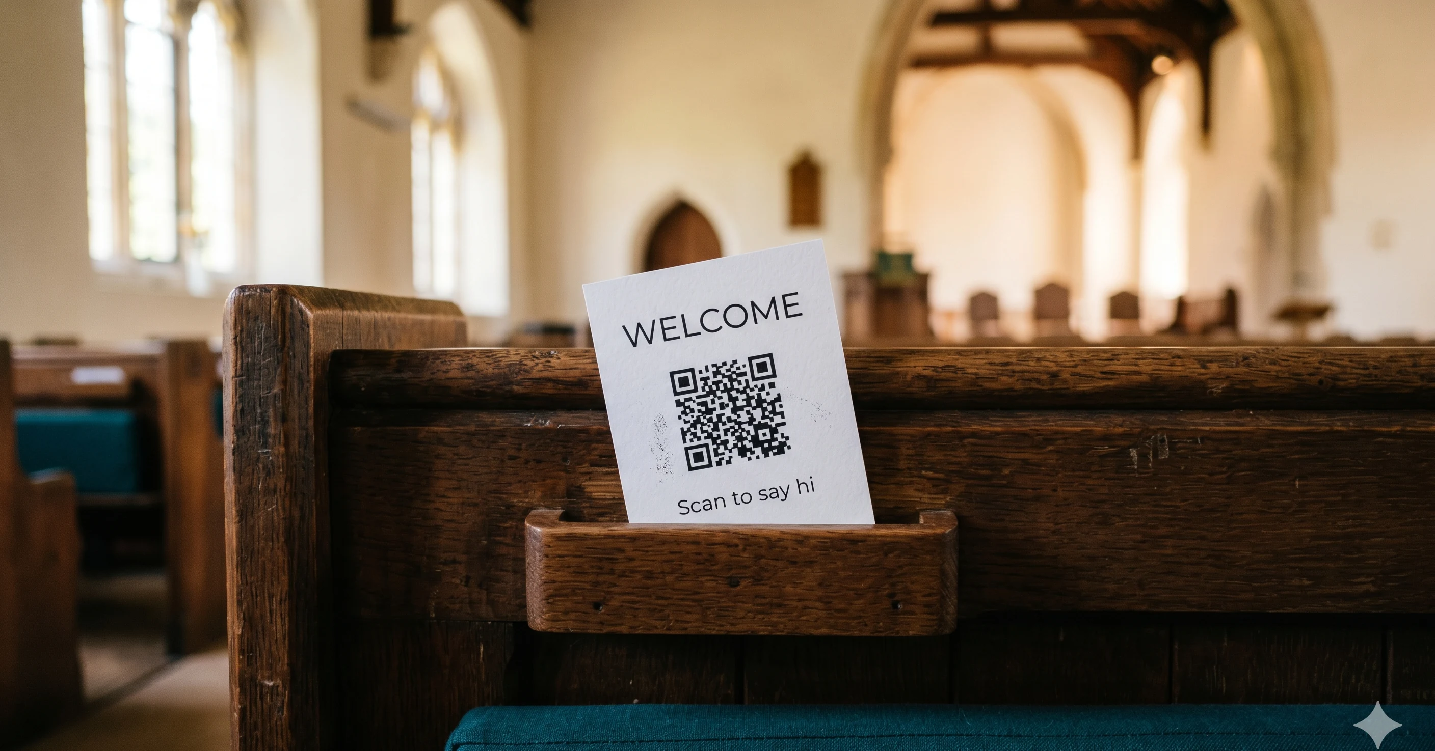 A WELCOME card with a QR code mounted on the back of a wooden church pew