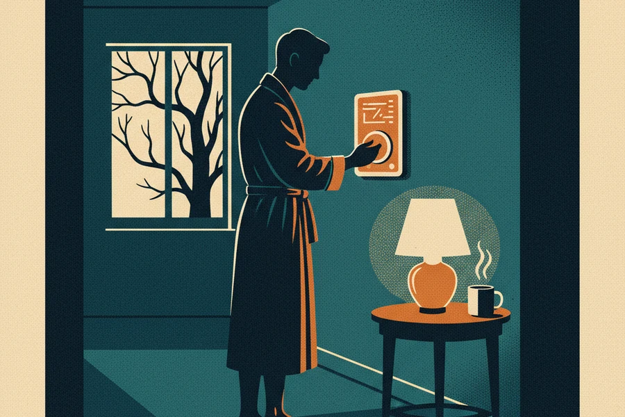 Homeowner looking at a thermostat late at night