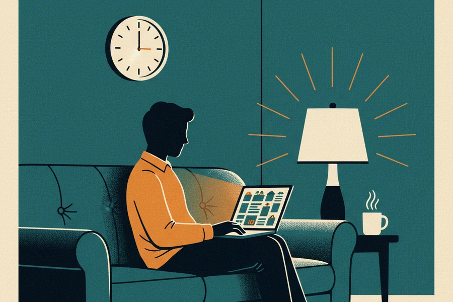 Person browsing home listings on a phone late at night