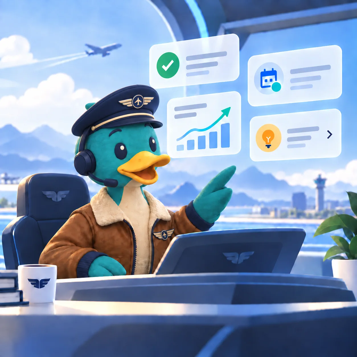 Quack Pilot, a duck pilot at a cockpit of business dashboards